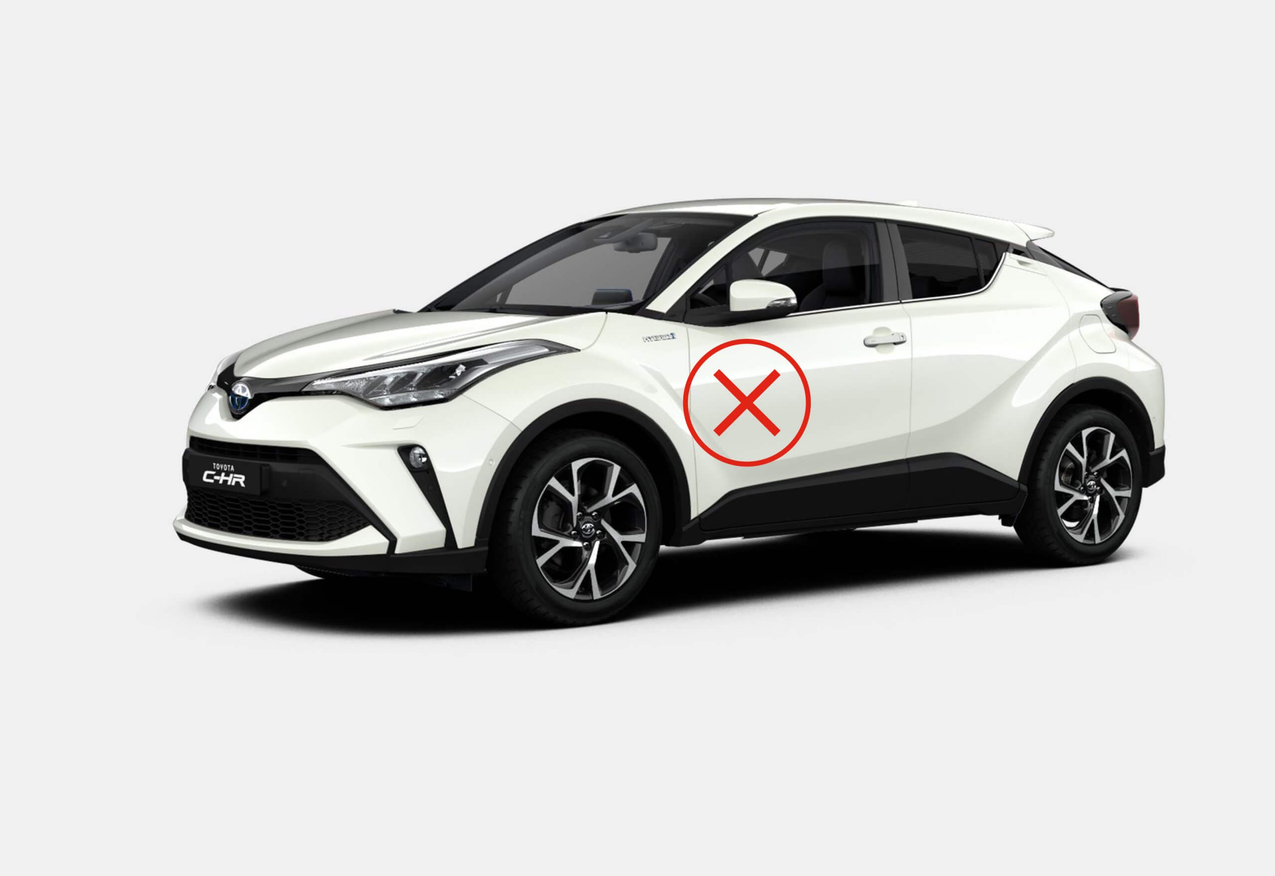 Foto instruktion för skadebesiktning vit Toyota C-HR från sidan